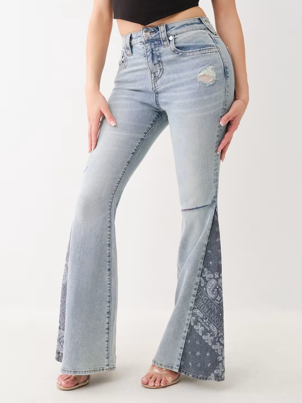 True Religion Light Wash Flare Jeans with Bandana Inserts Sz. 26